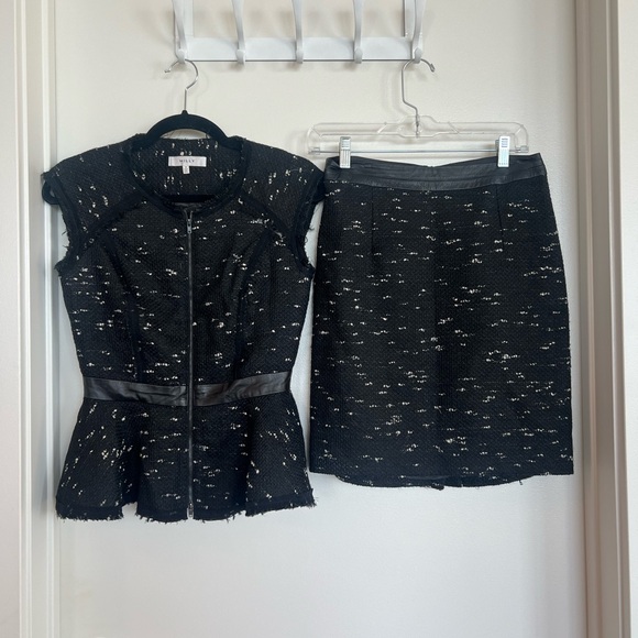 MILLY SET - Tweed Black Leather trim peplum top and skirt set - Picture 2 of 14